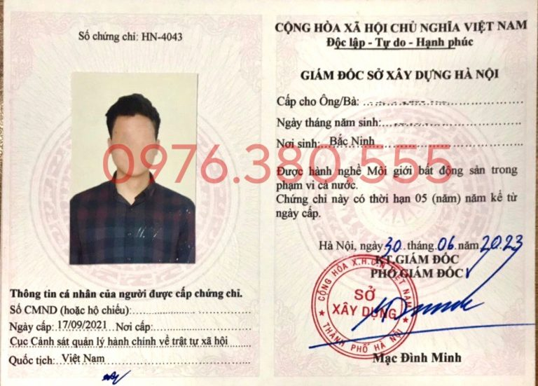 Mẫu chứng chỉ môi giới Bất động sản