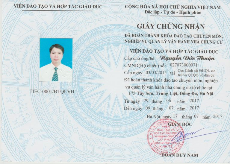 Mẫu chứng nhận quản lý tòa nhà do Viện Đào tạo và Hợp tác Giáo dục cấp