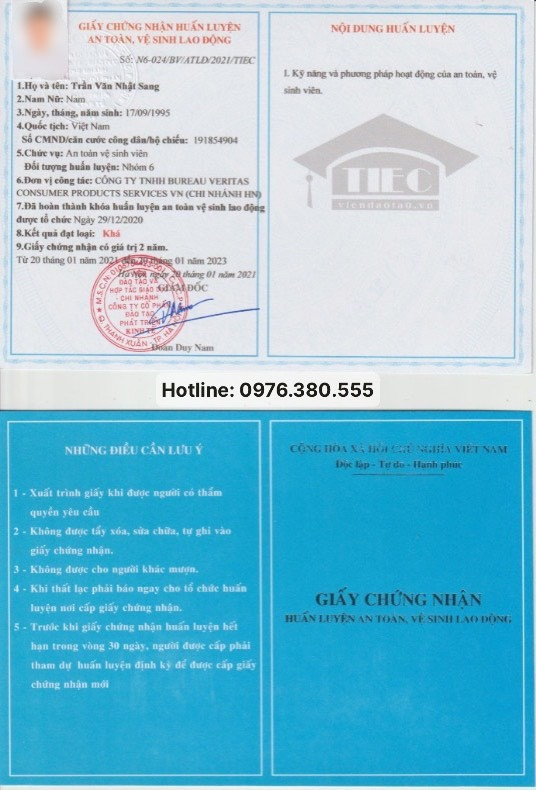 Mẫu chứng chỉ an toàn lao động nhóm 6