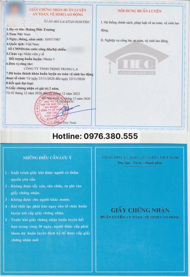 Mẫu chứng chỉ An toàn Lao động Nhóm 5