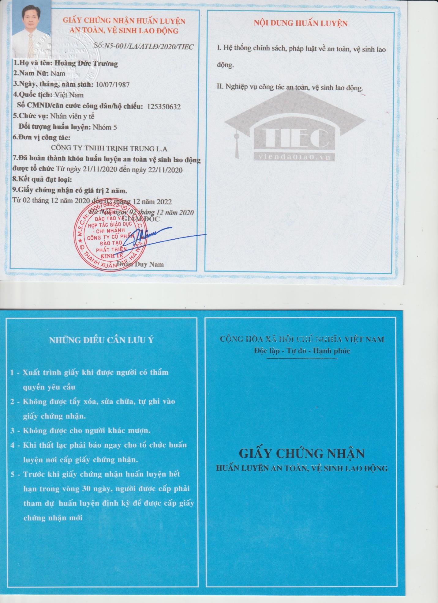 Mẫu chứng chỉ an toàn nhóm 5