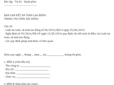 Mẫu cam kết an toàn lao động trong thi công xây dựng