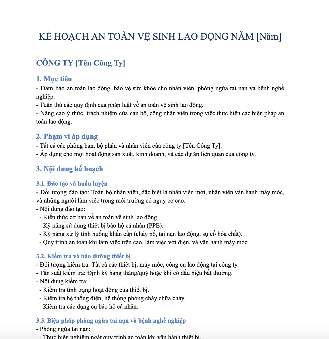 Mẫu 2: Mẫu kế hoạch an toàn vệ sinh lao động