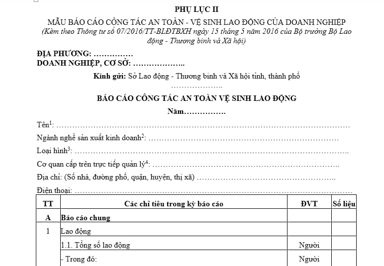 Báo cáo an toàn vệ sinh lao động là tài liệu được lập ra để ghi nhận, đánh giá và báo cáo về tình hình thực hiện các biện pháp an toàn và vệ sinh lao động