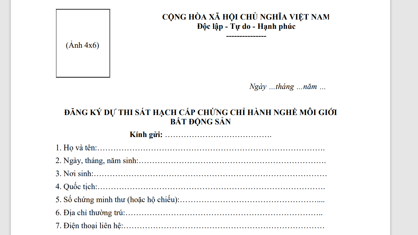 Mẫu đơn đăng ký thi chứng chỉ hành nghề môi giới BĐS