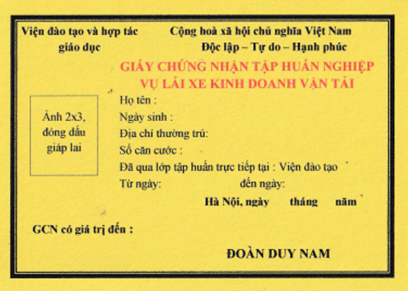 Mẫu giấy chứng nhận tập huấn nghiệp vụ lái xe kinh doạn vận tải