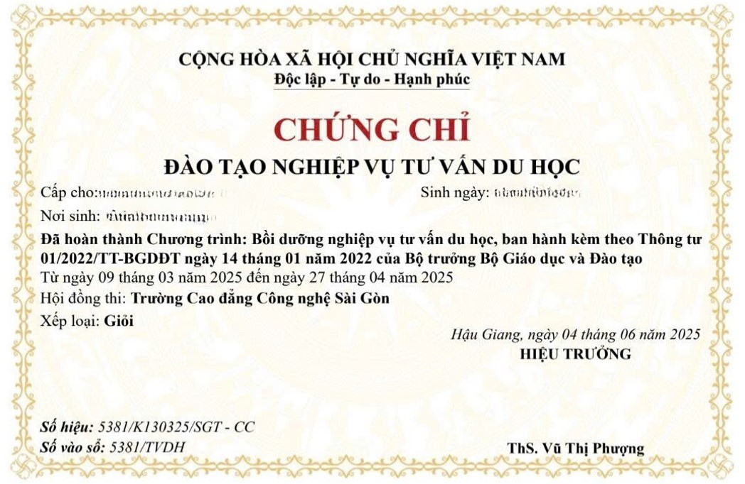 Mẫu chứng chỉ đào tạo nghiệp vụ tư vấn du học