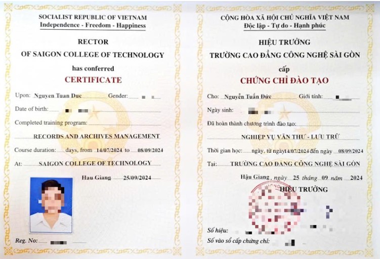 Mẫu chứng chỉ do Trường Cao đẳng Công nghệ Sài Gòn cấp