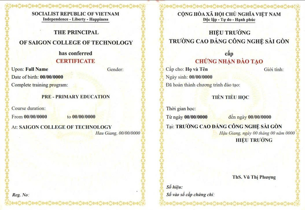 Mẫu chứng chỉ đào tạo giáo viên tiền tiểu học