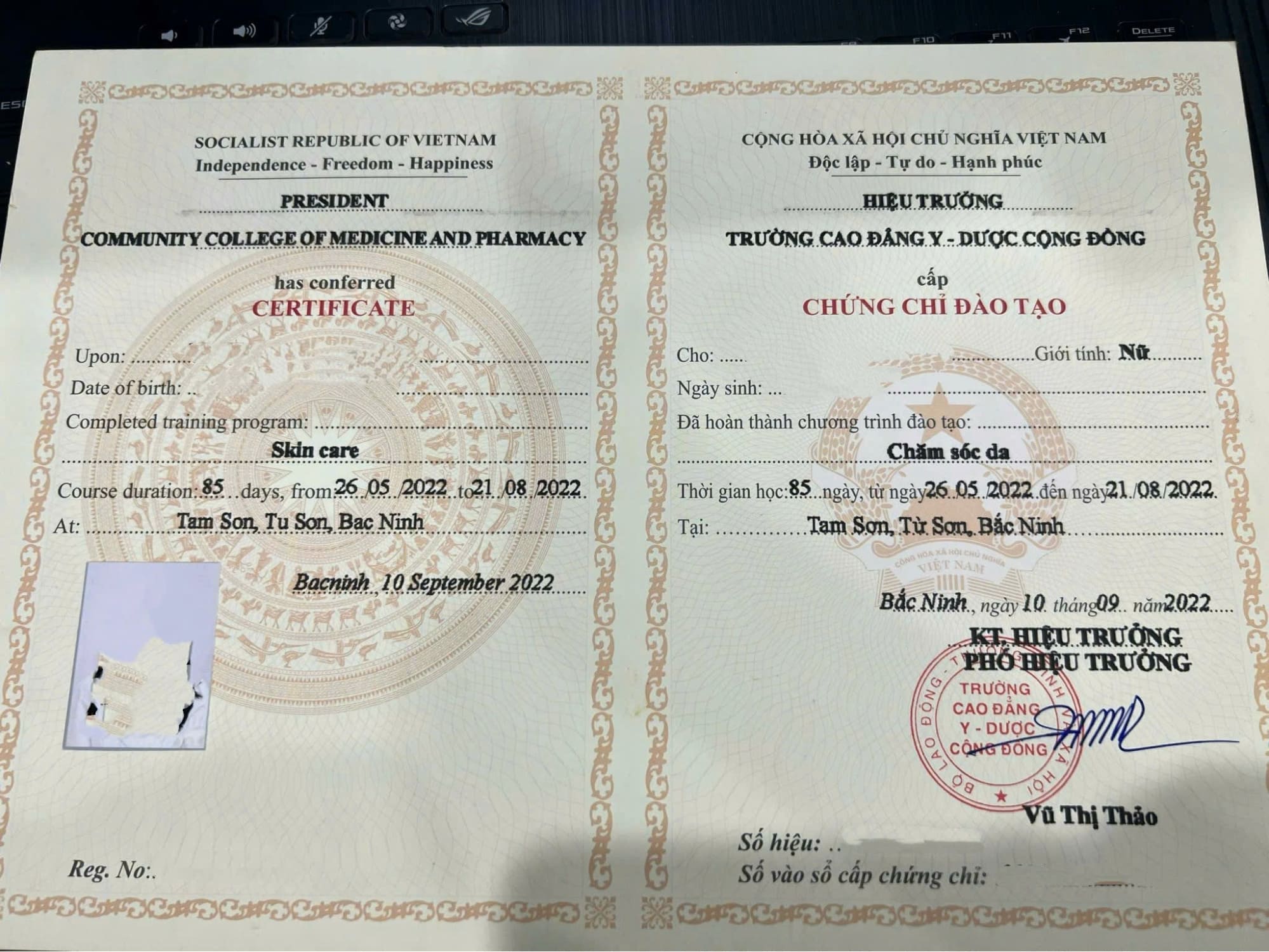 Chứng chỉ sau khi hoàn thành khóa học chăm sóc da