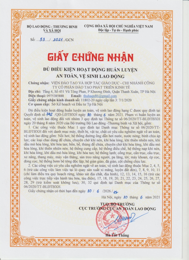 Giấy chứng nhận huấn luyện an toàn, vệ sinh lao động của TIEC